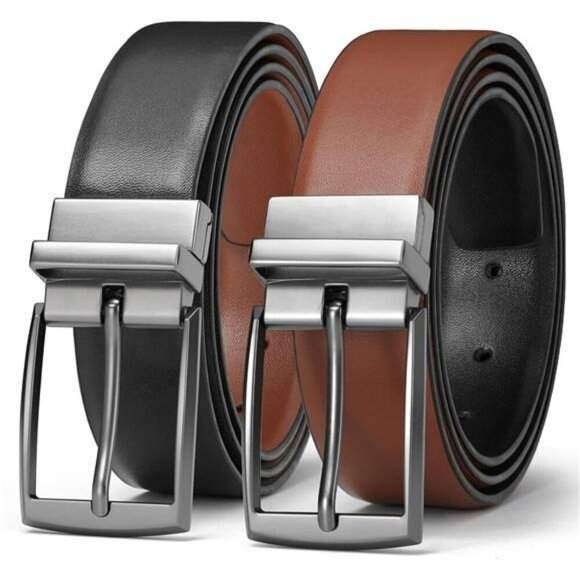 Men's Reversible Leather Belt Black Brown Dress Golf Adjustable Waist Belt - Picture 1 of 7